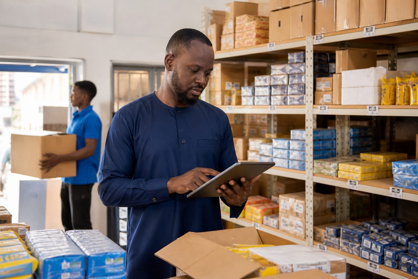 Responsable vérifiant le stock d'une boutique avec une tablette